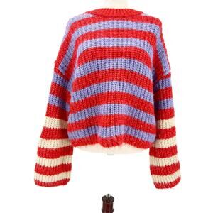 ZARA red purple cream striped Chunky Knit Sweater women's LARGE oversized top